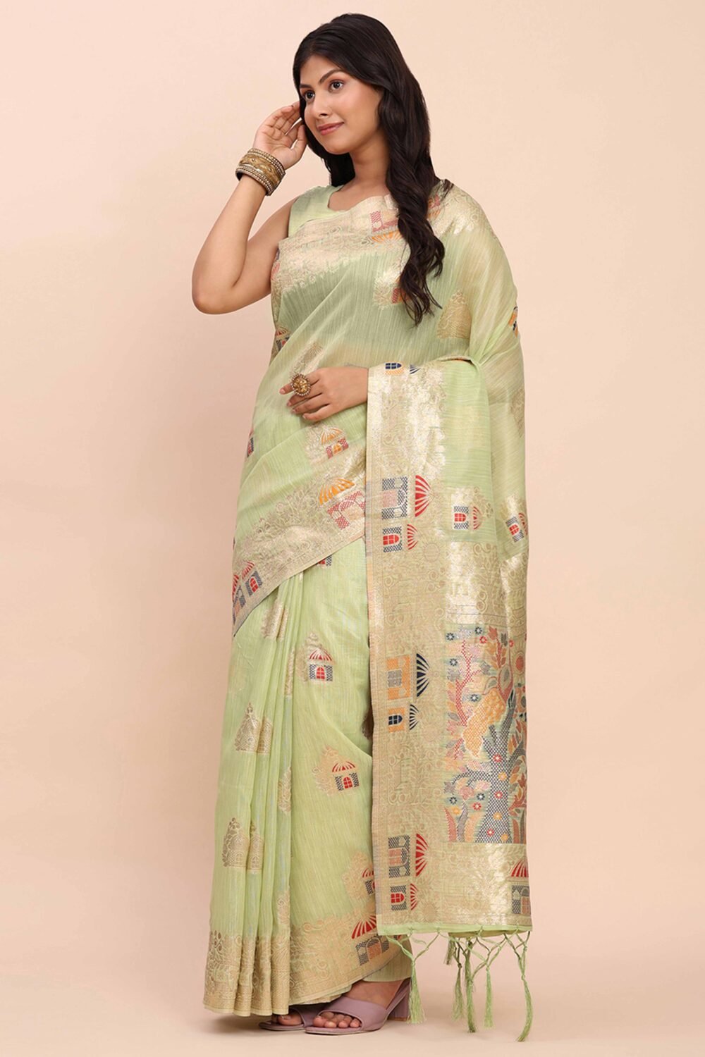 Light Green Bloom Zari Woven Linen Cotton Saree Adorned With Floral Motifs & A Tassel Finish - Image 3