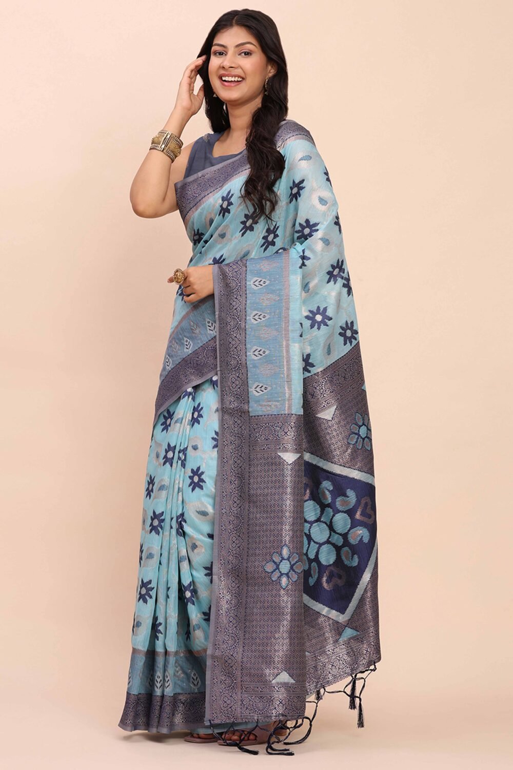 Sky Blue Patola Inspired Linen Cotton Saree Adorned With Zari Weaving & Graceful Tassel Pallu - Image 3