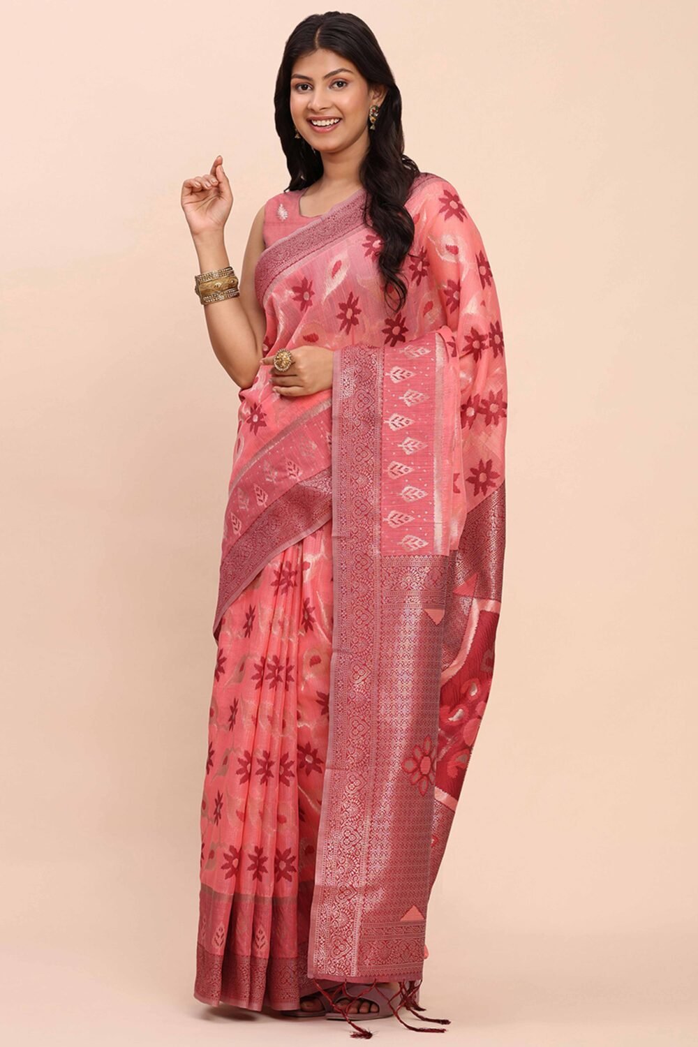 Salmon Pink Patola Inspired Linen Cotton Saree Adorned With Zari Weaving & Graceful Tassel Pallu - Image 3