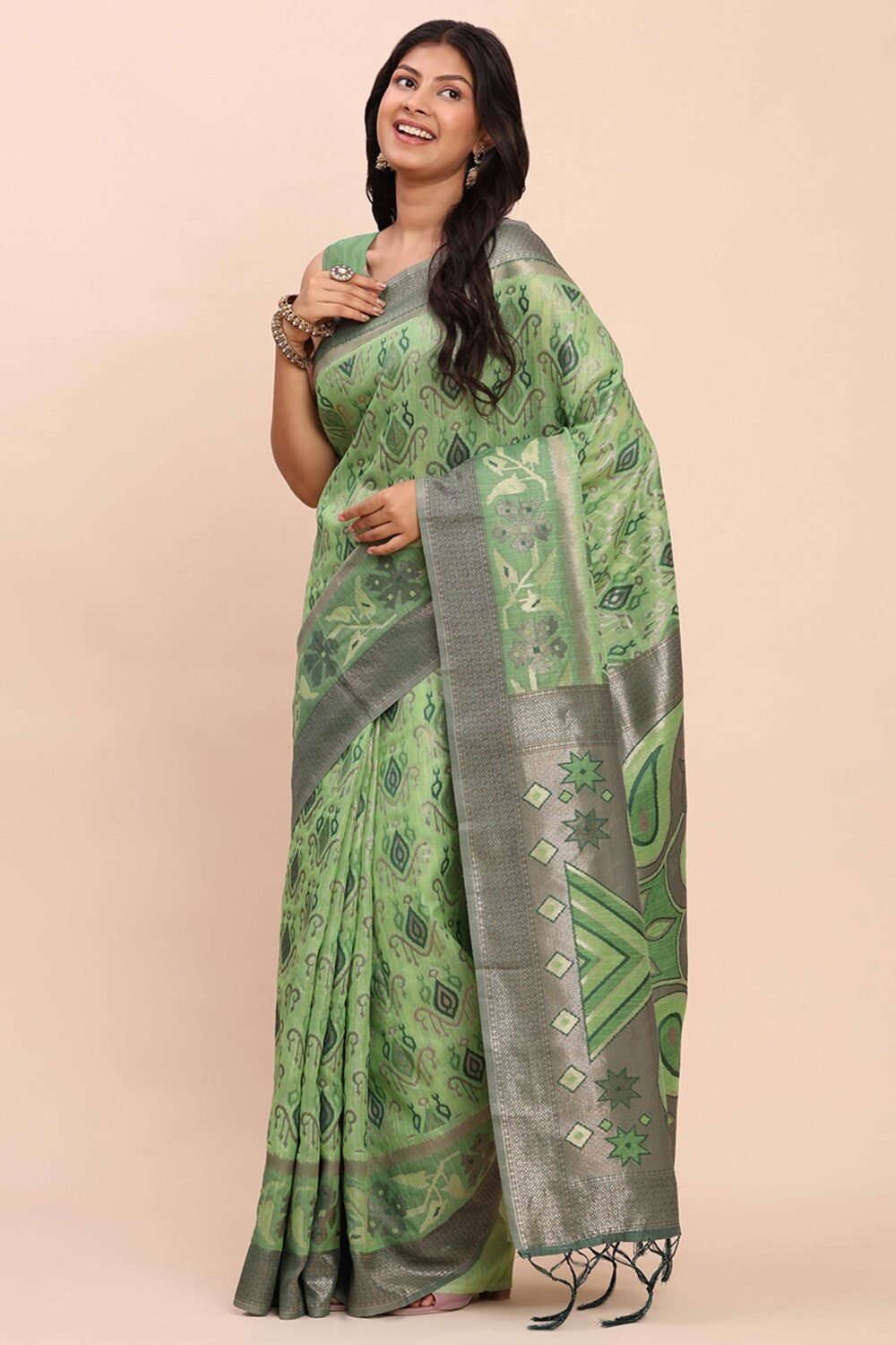Green Patola Inspired Linen Cotton Saree Adorned With Zari Weaving & Graceful Tassel Pallu - Image 3