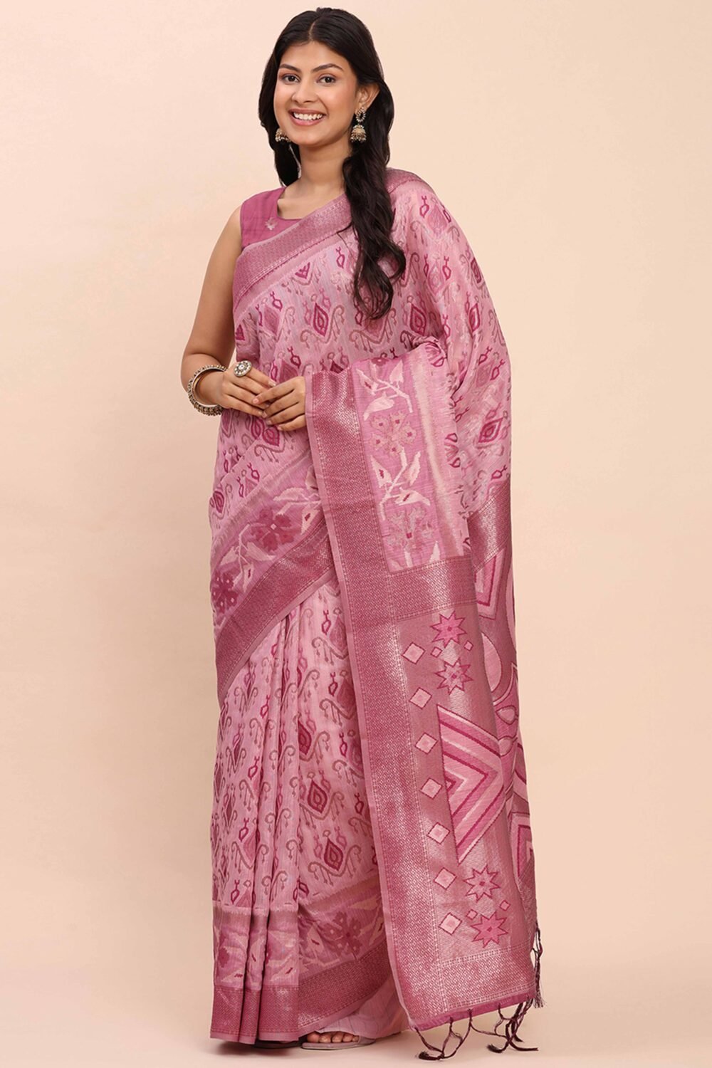 Onion Pink Patola Inspired Linen Cotton Saree Adorned With Zari Weaving & Graceful Tassel Pallu - Image 3
