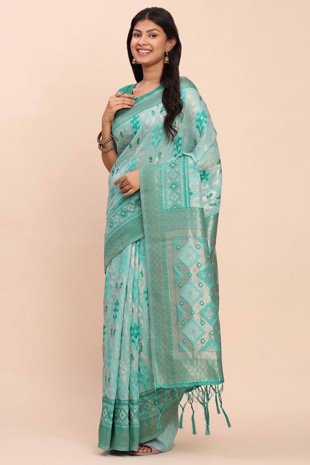 Turquoise Patola Inspired Linen Cotton Saree Adorned With Zari Weaving & Graceful Tassel Pallu - Image 3