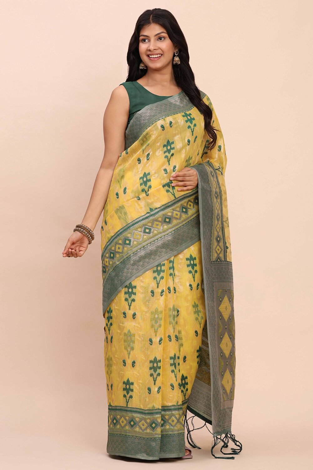 Yellow Patola Inspired Linen Cotton Saree Adorned With Zari Weaving & Graceful Tassel Pallu - Image 3