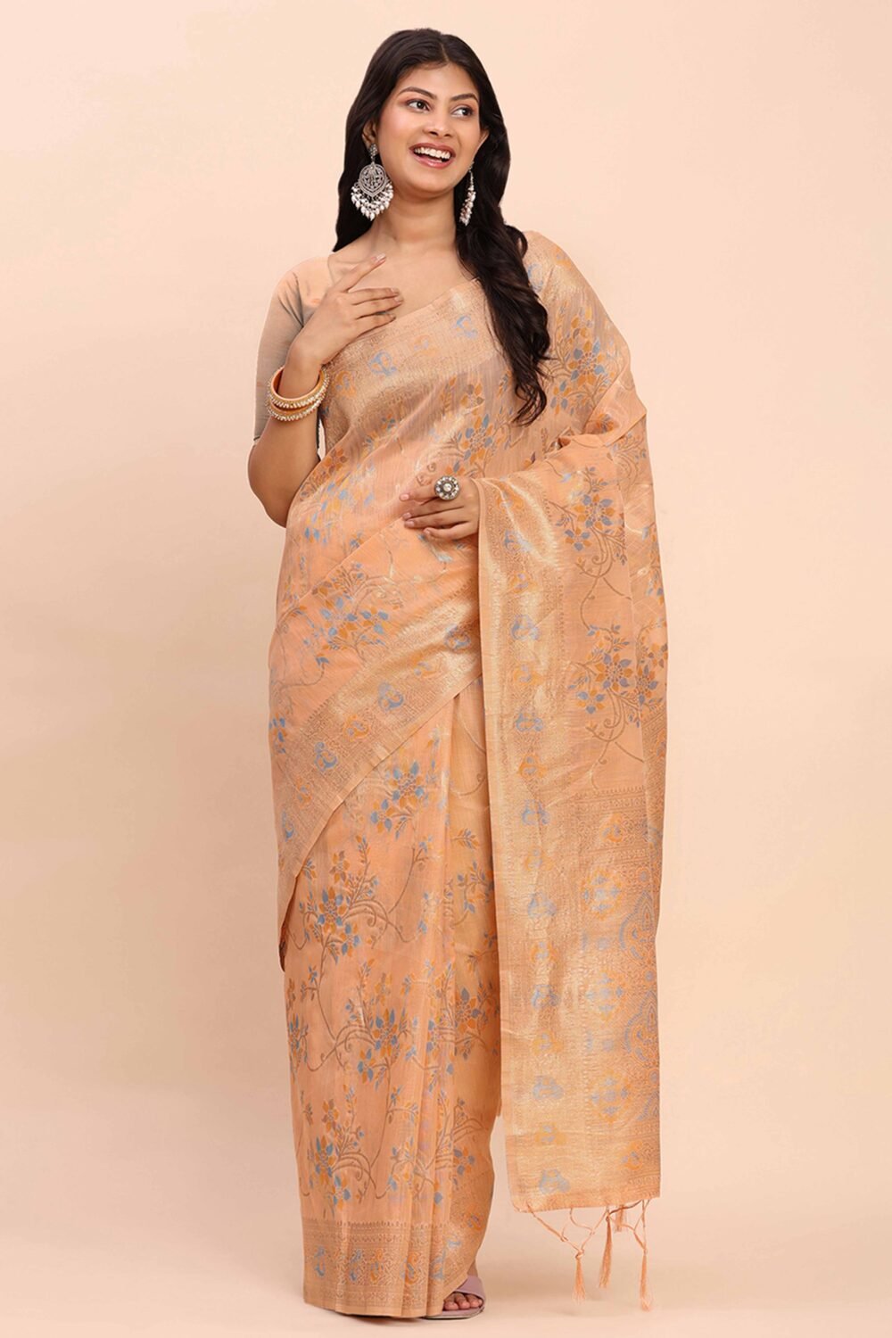 Light Orange Linen Cotton Saree Showcasing Floral Zari Weaves & A Tasselled Finish Pallu - Image 3