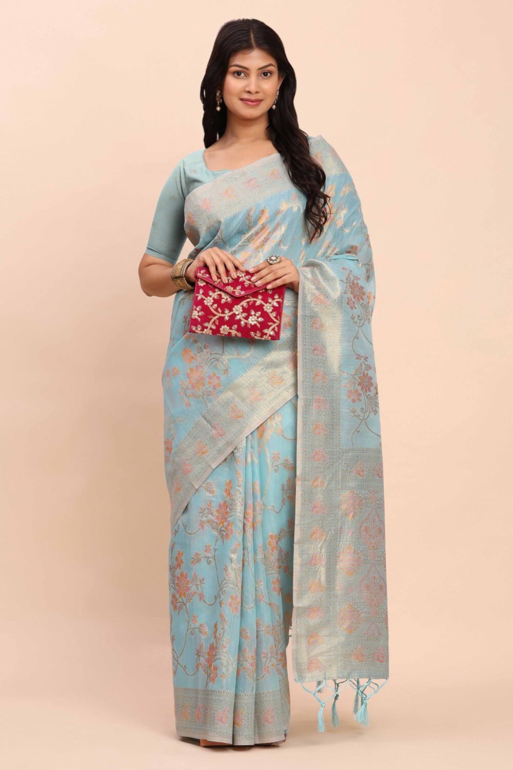 Sky Blue Linen Cotton Saree Showcasing Floral Zari Weaves & A Tasselled Finish Pallu - Image 3