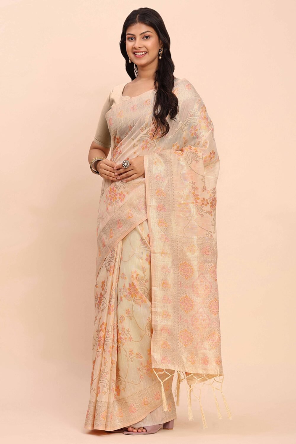 Cream Linen Cotton Saree Showcasing Floral Zari Weaves & A Tasselled Finish Pallu - Image 3