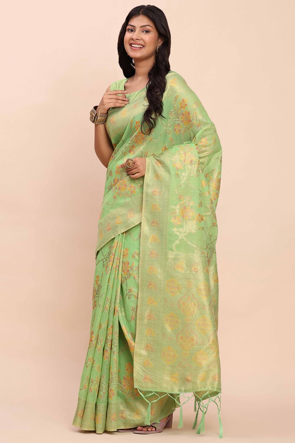 Green Linen Cotton Saree Showcasing Floral Zari Weaves & A Tasselled Finish Pallu - Image 3