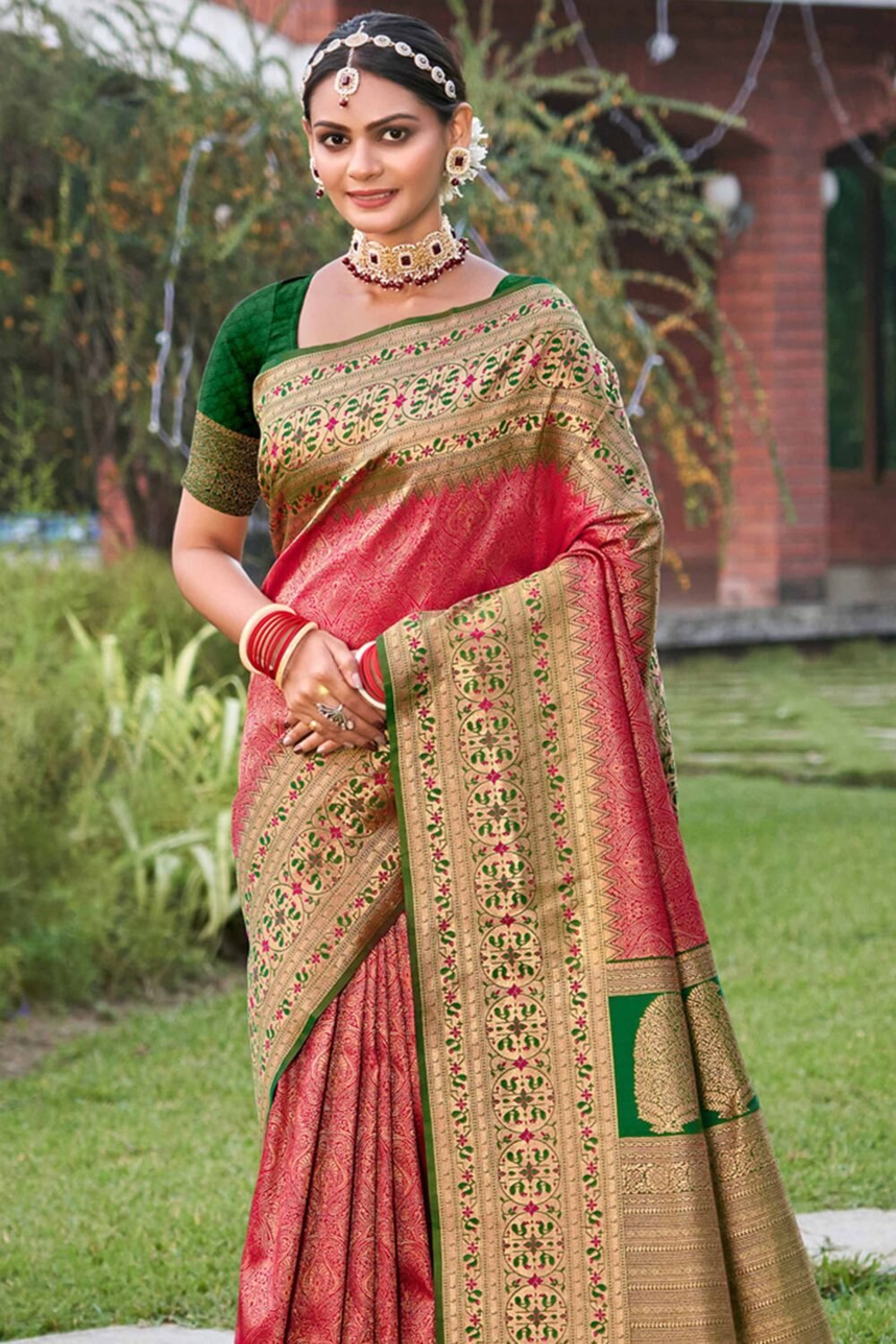 Pink Floral Zari Woven Saree In Banarasi Silk With Delicate Tassel Accents Pallu - Image 3