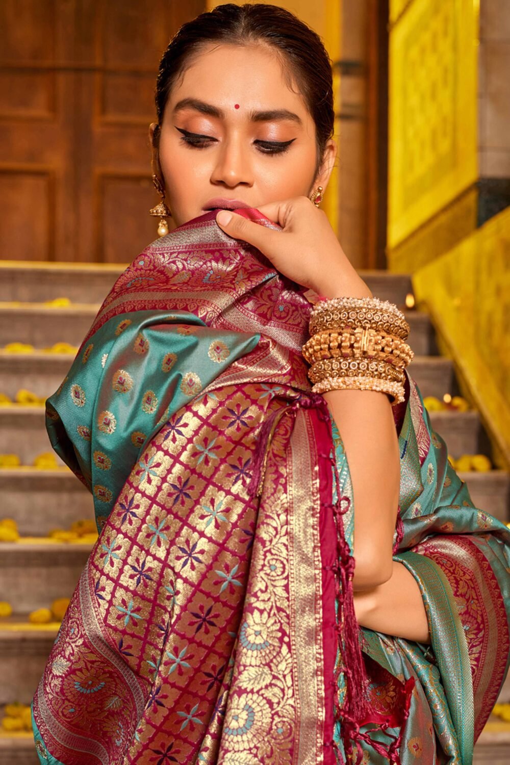 Teal Green Banarasi Silk Saree Featuring Intricate Floral Weaving & Elegant Tassel Pallu - Image 3