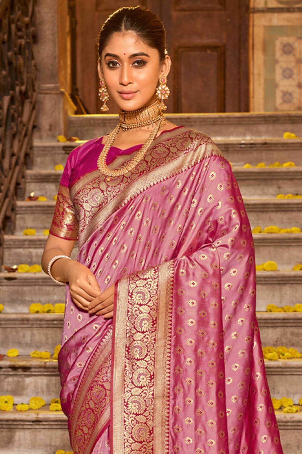 Onion Pink Banarasi Silk Saree Featuring Intricate Floral Weaving & Elegant Tassel Pallu - Image 3