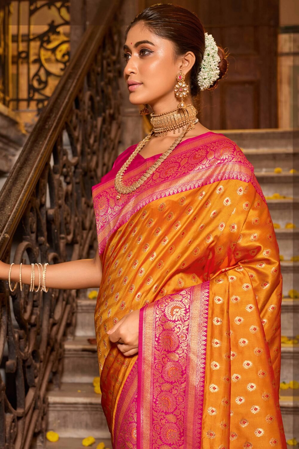 Orange Banarasi Silk Saree Featuring Intricate Floral Weaving & Elegant Tassel Pallu - Image 3