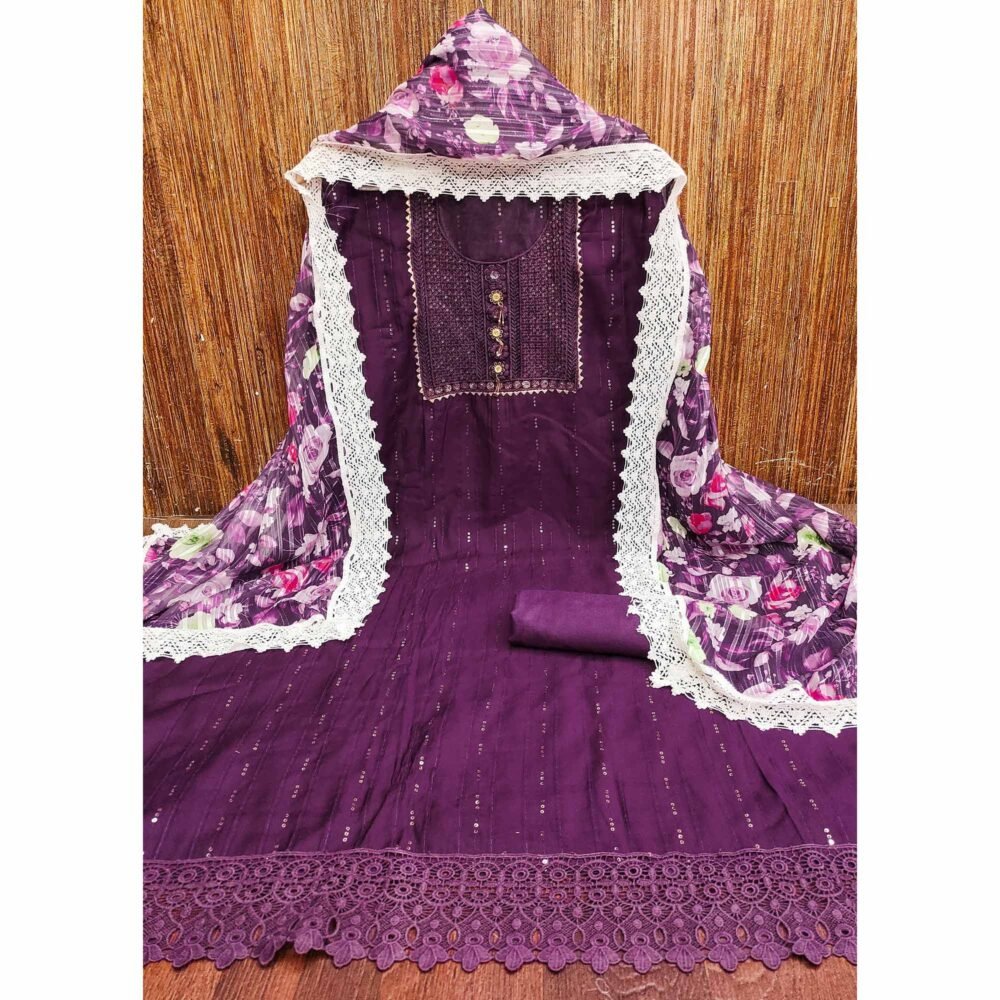 Deep Purple Cotton Blend Suit Material Enhanced with Sequins Embroidery - Image 3