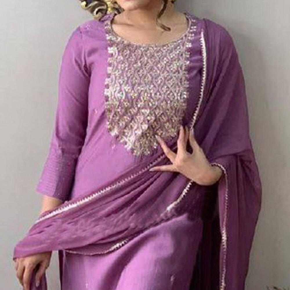 Purple Sequins Embroidered Rayon Kurti Set - Image 3