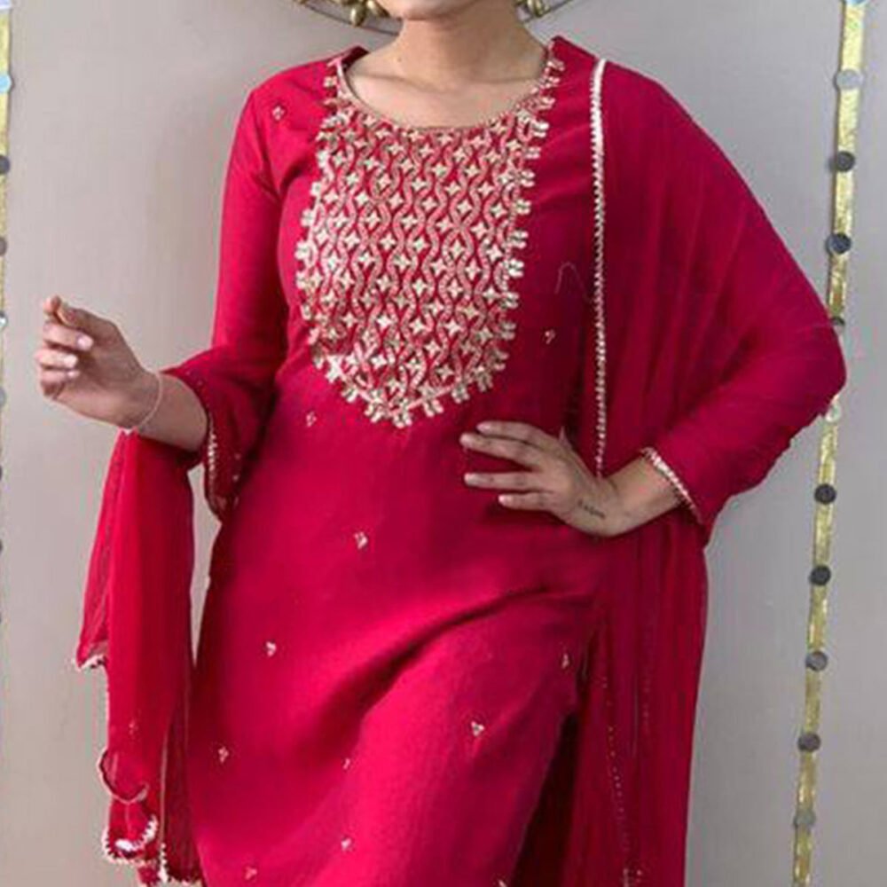 Pink Sequins Embroidered Rayon Silk Kurti Set - Image 3