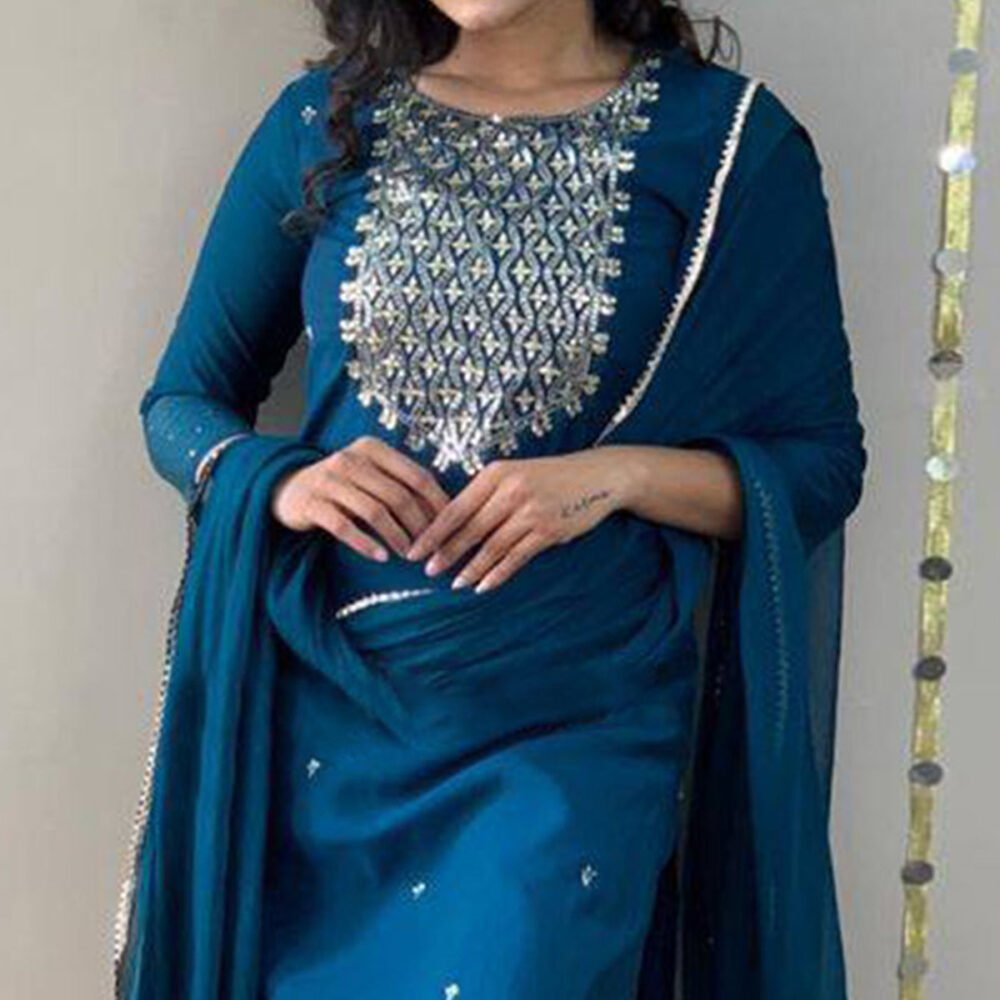 Blue Sequins Embroidered Rayon Kurti Set - Image 3