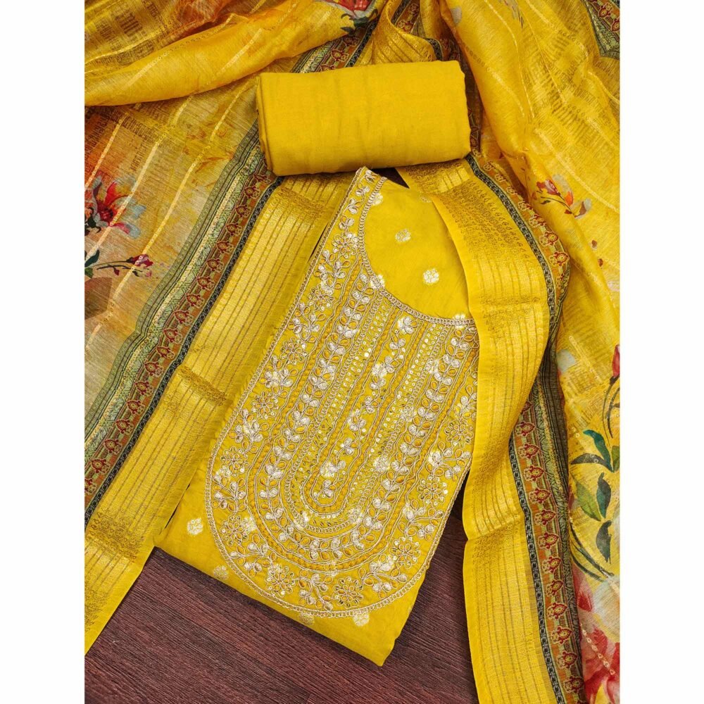 Mustard Woven Banarasi Cotton Silk Dress Material Accented With Sequins Embroidery - Image 3