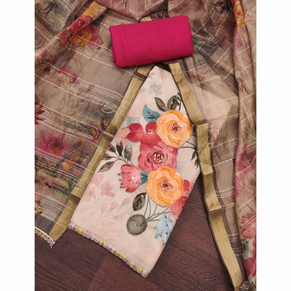 Beige Pure Cotton Dress Material With Floral Digital Print & Fine Handwork - Image 3