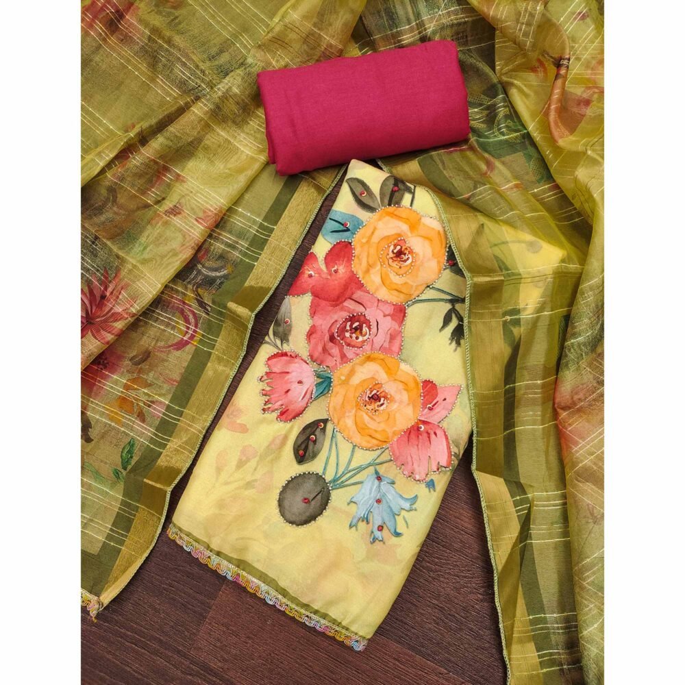 Lemon Yellow Pure Cotton Dress Material With Floral Digital Print & Fine Handwork - Image 3
