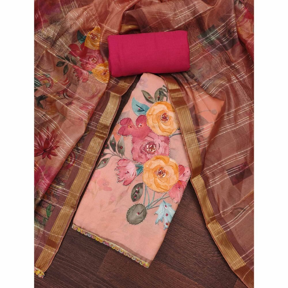 Peach Pure Cotton Dress Material With Floral Digital Print & Fine Handwork - Image 3