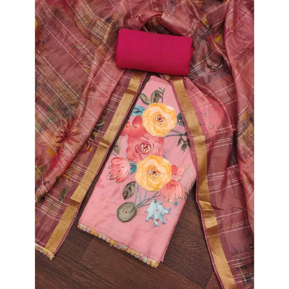Pink Pure Cotton Dress Material With Floral Digital Print & Fine Handwork - Image 3