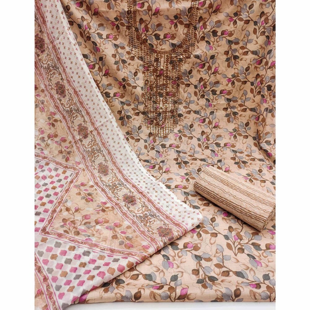 Beige Floral Printed With Sequins Embroidered Pure Cotton Dress Material - Image 3