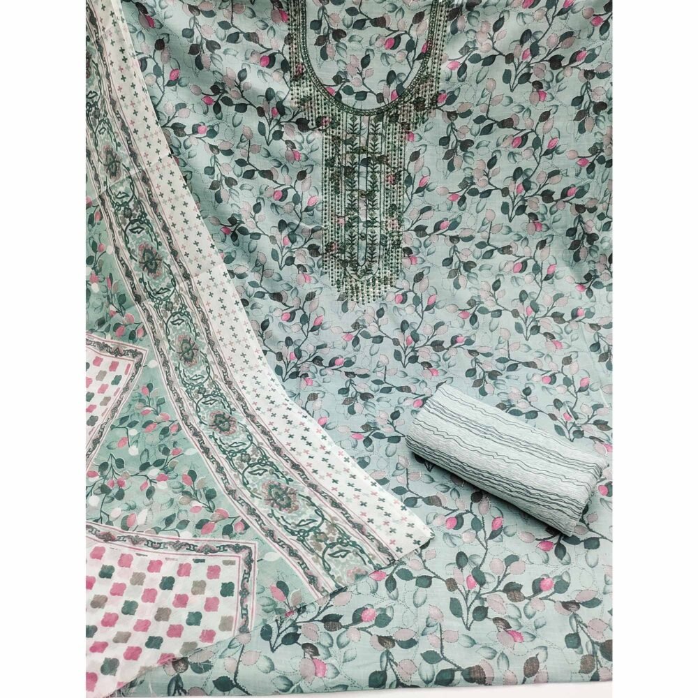 Blue Floral Printed With Sequins Embroidered Pure Cotton Dress Material - Image 3