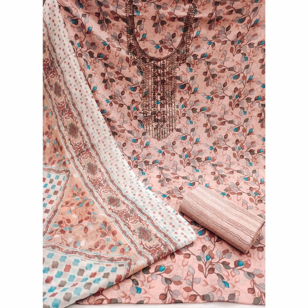 Peach Floral Printed With Sequins Embroidered Pure Cotton Dress Material - Image 3