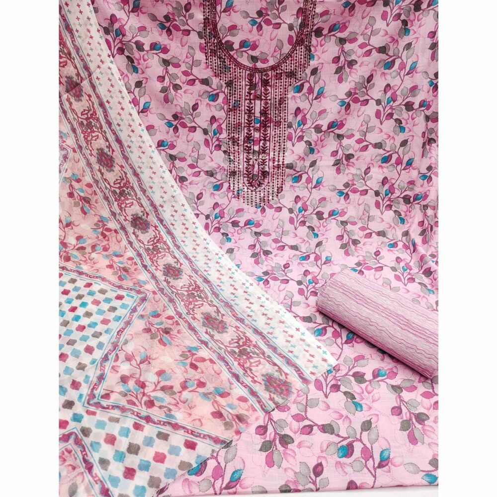 Pink Floral Printed With Sequins Embroidered Pure Cotton Dress Material - Image 3
