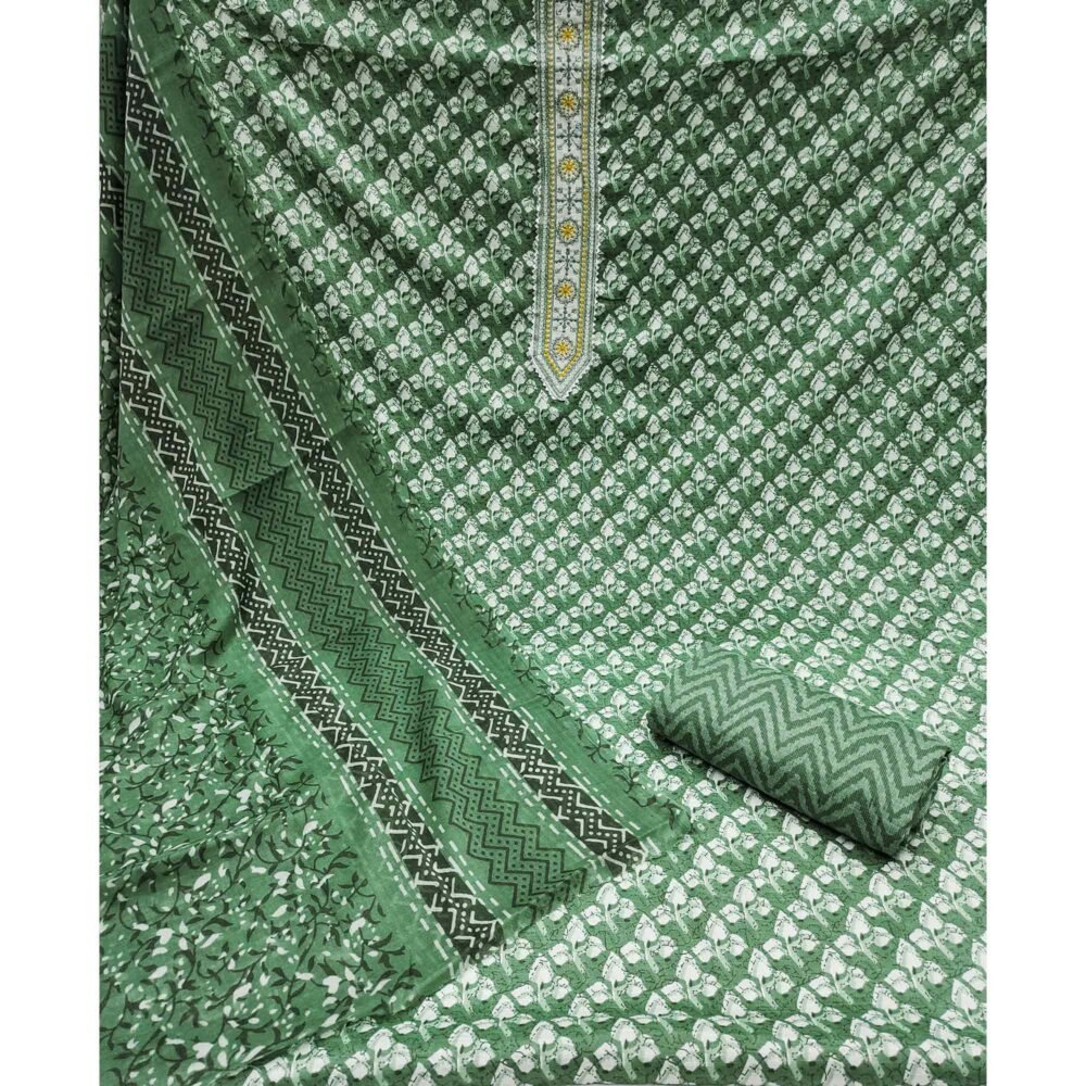 Green Floral Printed With Embroidered Pure Cotton Dress Material - Image 3