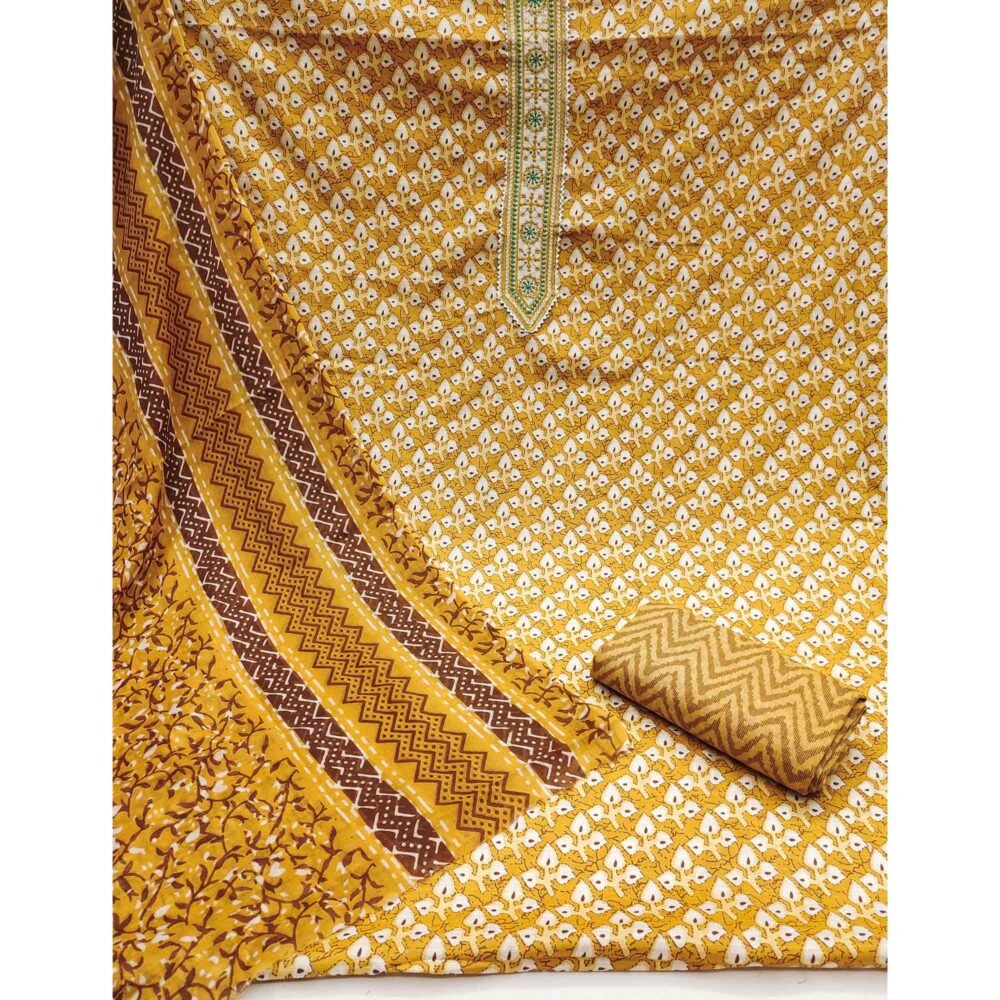 Mustard Floral Printed With Embroidered Pure Cotton Dress Material - Image 3