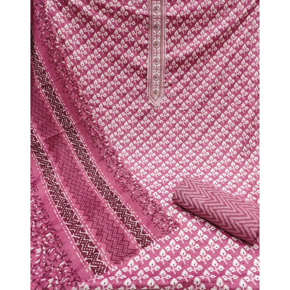 Pink Floral Printed With Embroidered Pure Cotton Dress Material - Image 3