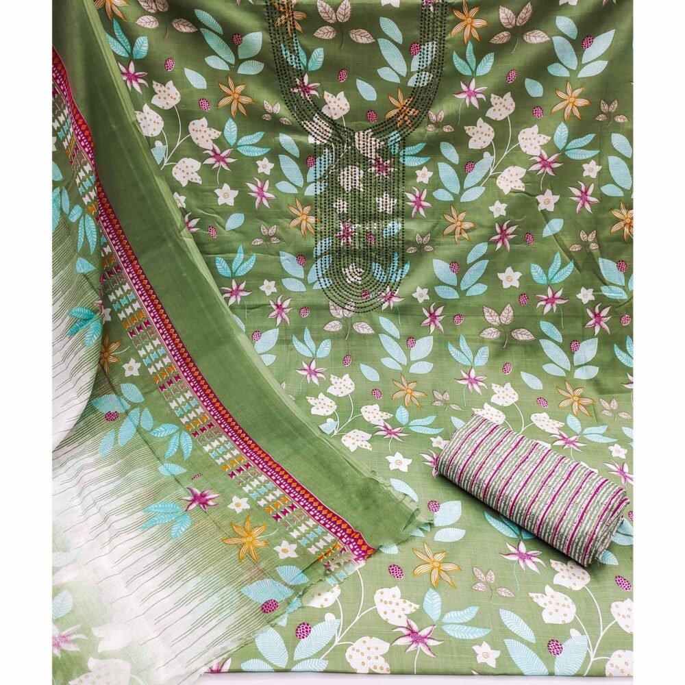 Green Floral Printed With Sequins Embroidered Pure Cotton Dress Material - Image 3