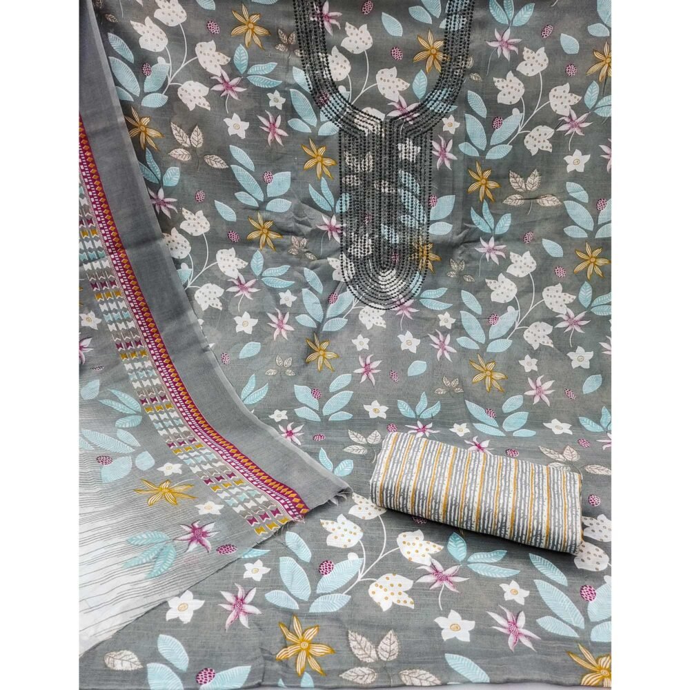 Grey Floral Printed With Sequins Embroidered Pure Cotton Dress Material - Image 3