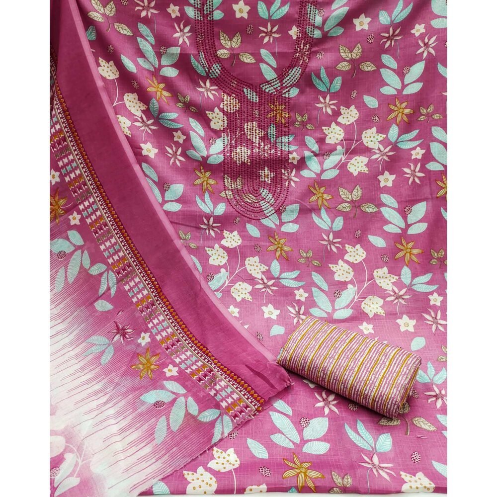 Pink Floral Printed With Sequins Embroidered Pure Cotton Dress Material - Image 3