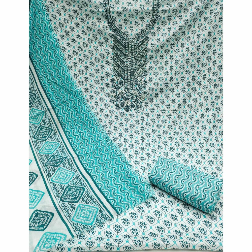 Blue Floral Printed With Sequins Embroidered Pure Cotton Dress Material - Image 3