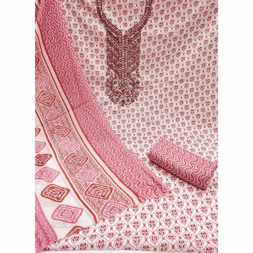 Gajari Pink Floral Printed With Sequins Embroidered Pure Cotton Dress Material - Image 3