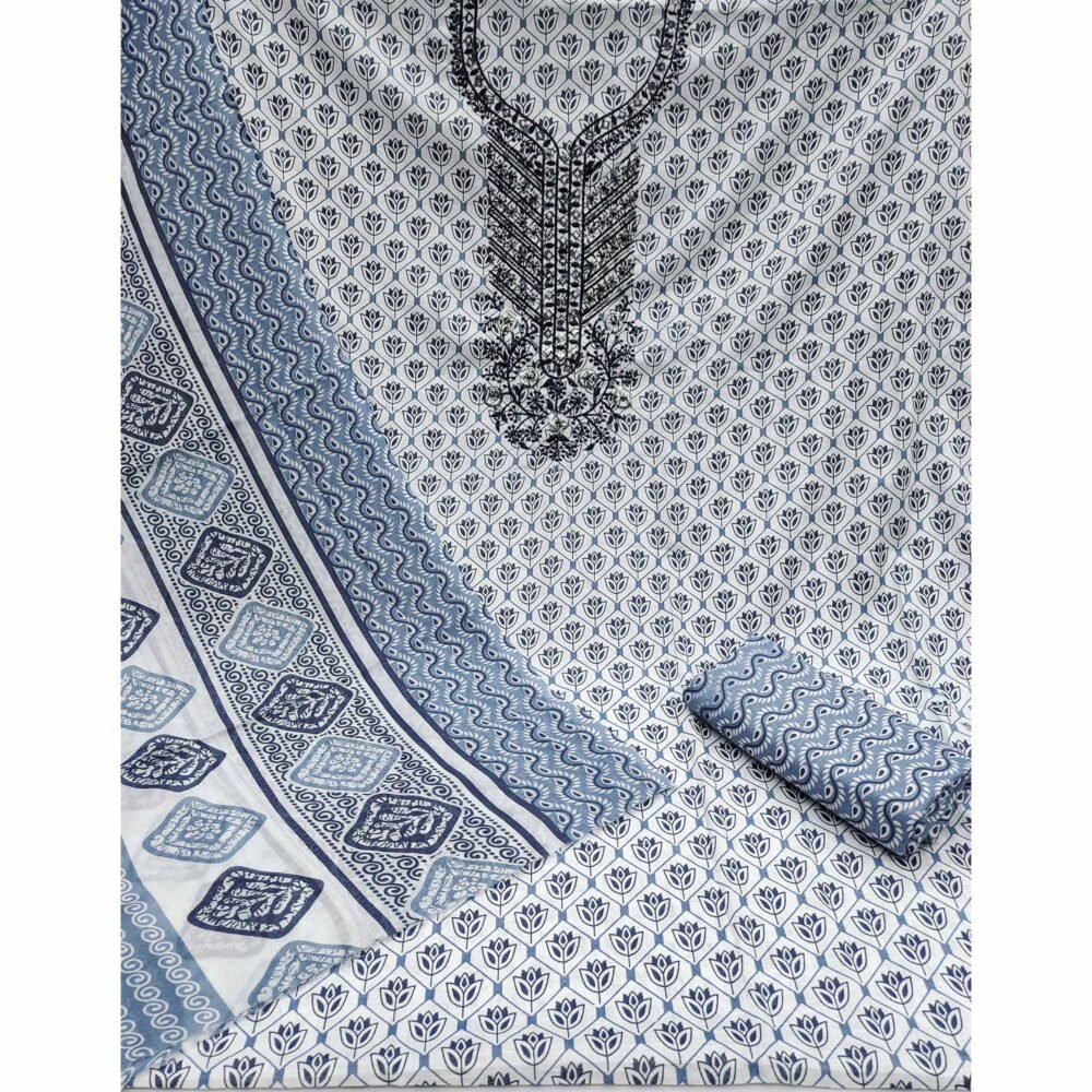 Grey Floral Printed With Sequins Embroidered Pure Cotton Dress Material - Image 3