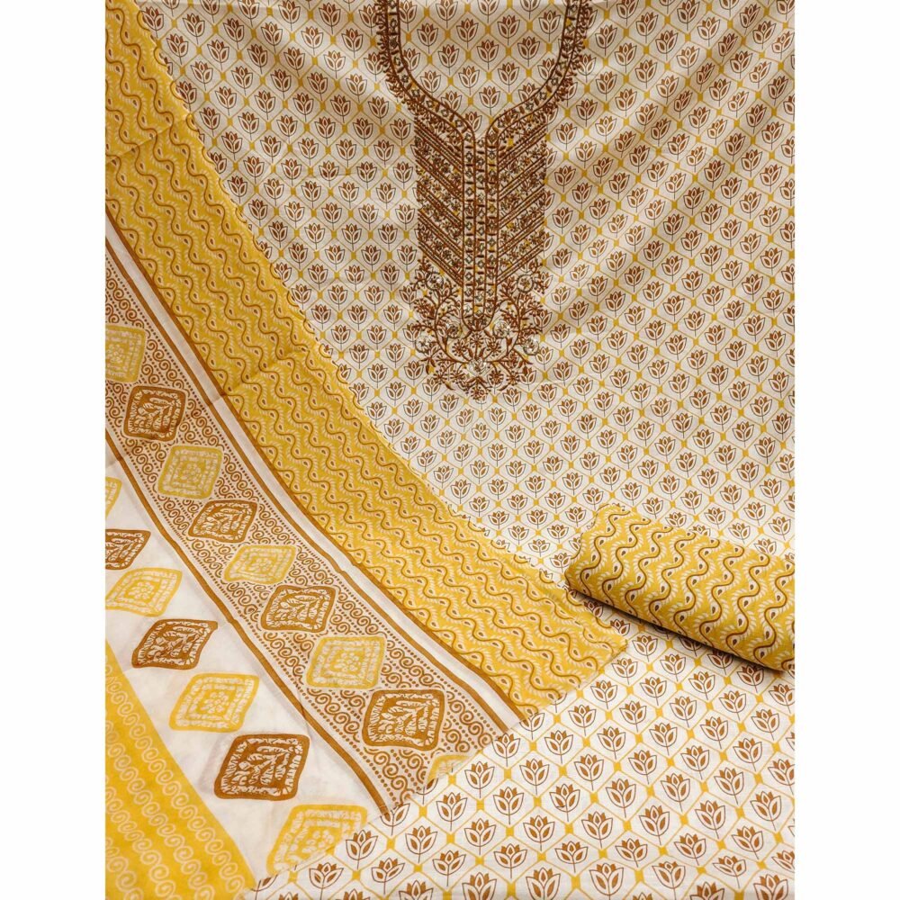 Yellow Floral Printed With Sequins Embroidered Pure Cotton Dress Material - Image 3