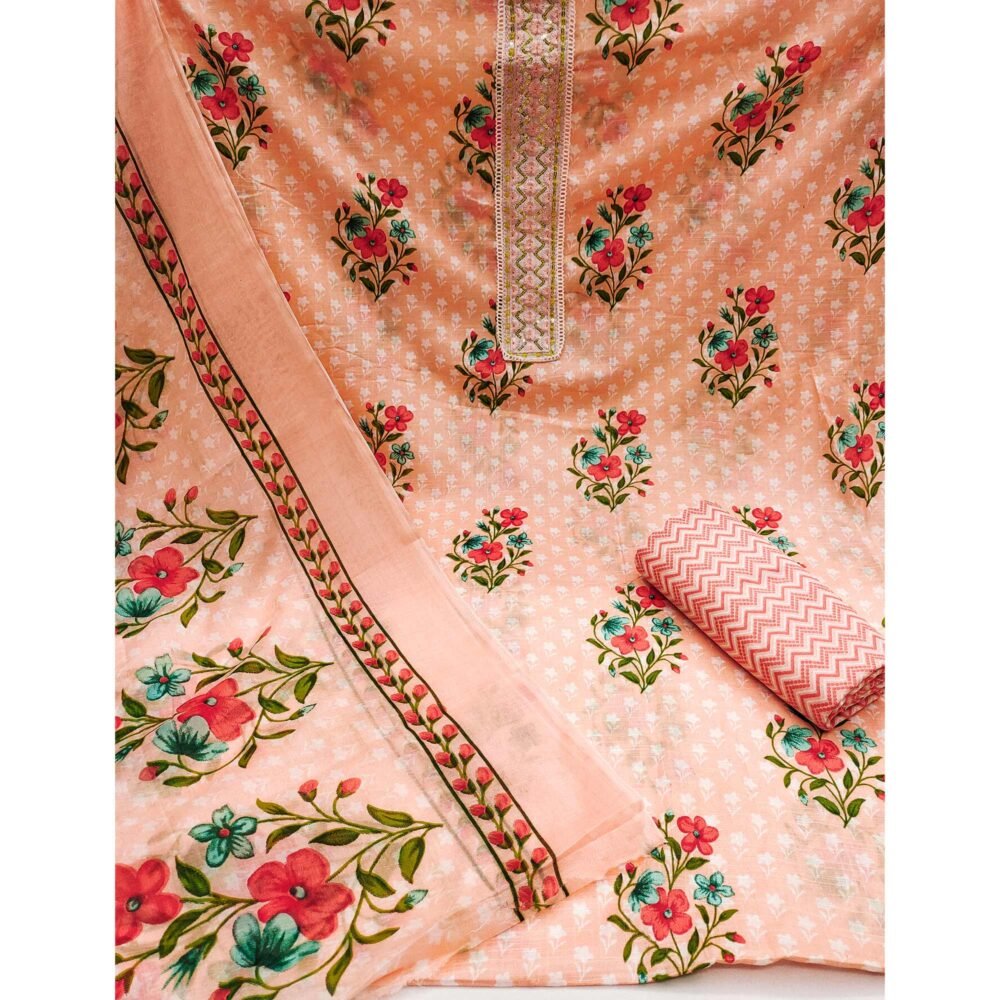 Peach Floral Printed With Sequins Embroidered Pure Cotton Dress Material - Image 3
