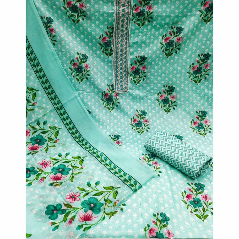 Turquoise Floral Printed With Sequins Embroidered Pure Cotton Dress Material - Image 3