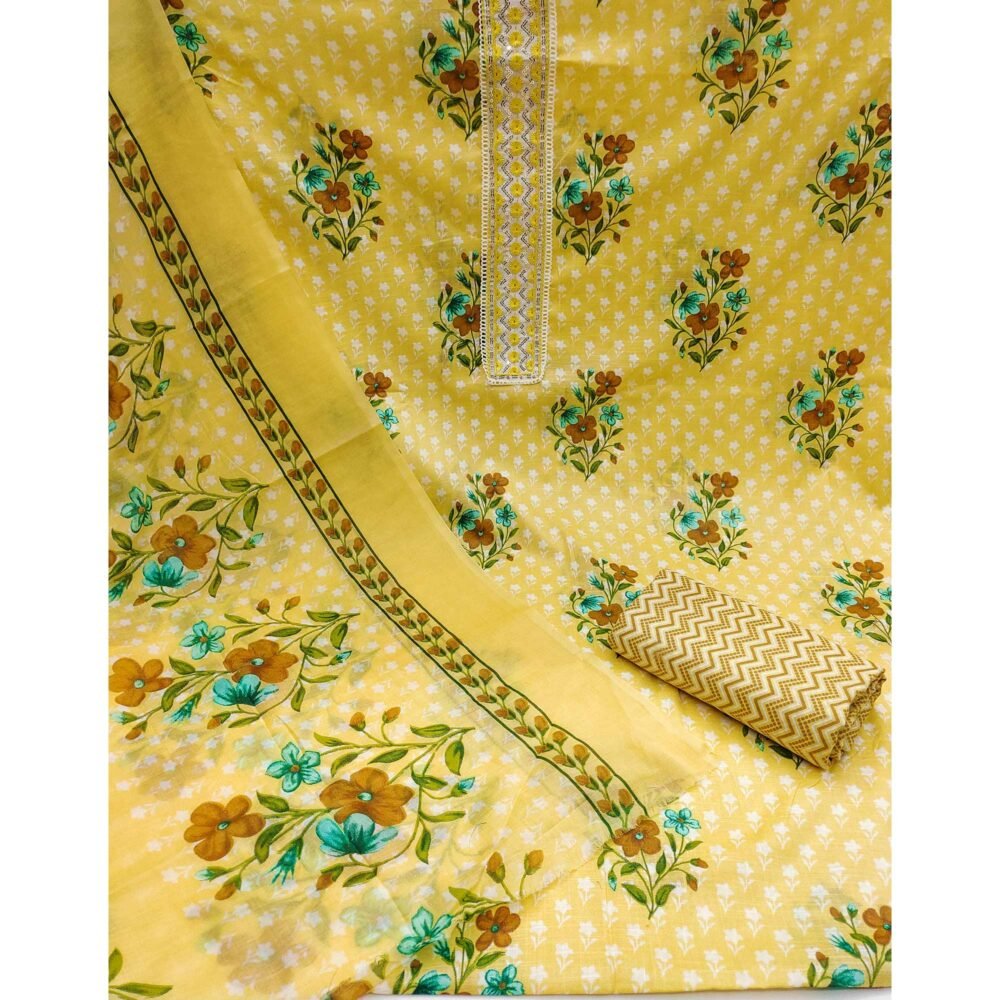 Yellow Floral Printed With Sequins Embroidered Pure Cotton Dress Material - Image 3