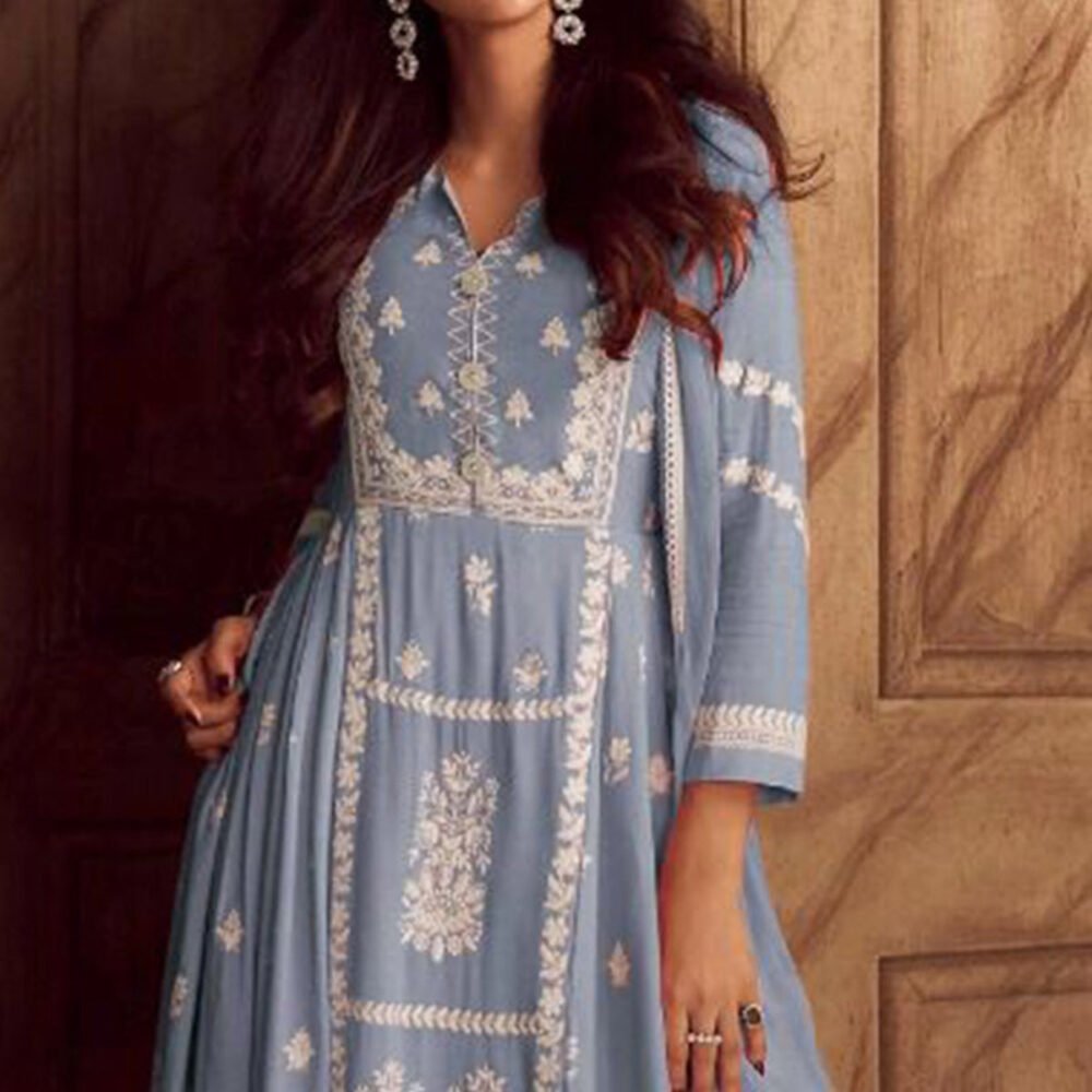 Blue Lucknowi Embroidered Rayon Palazzo Suit - Image 3