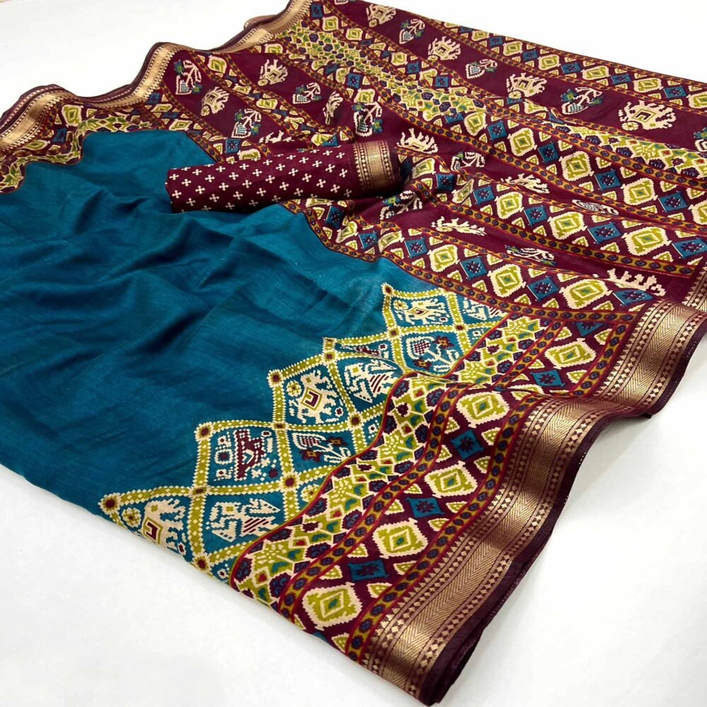 Teal Patola Print Saree in Featherlight Mulmul Cotton with Zari Border - Image 3