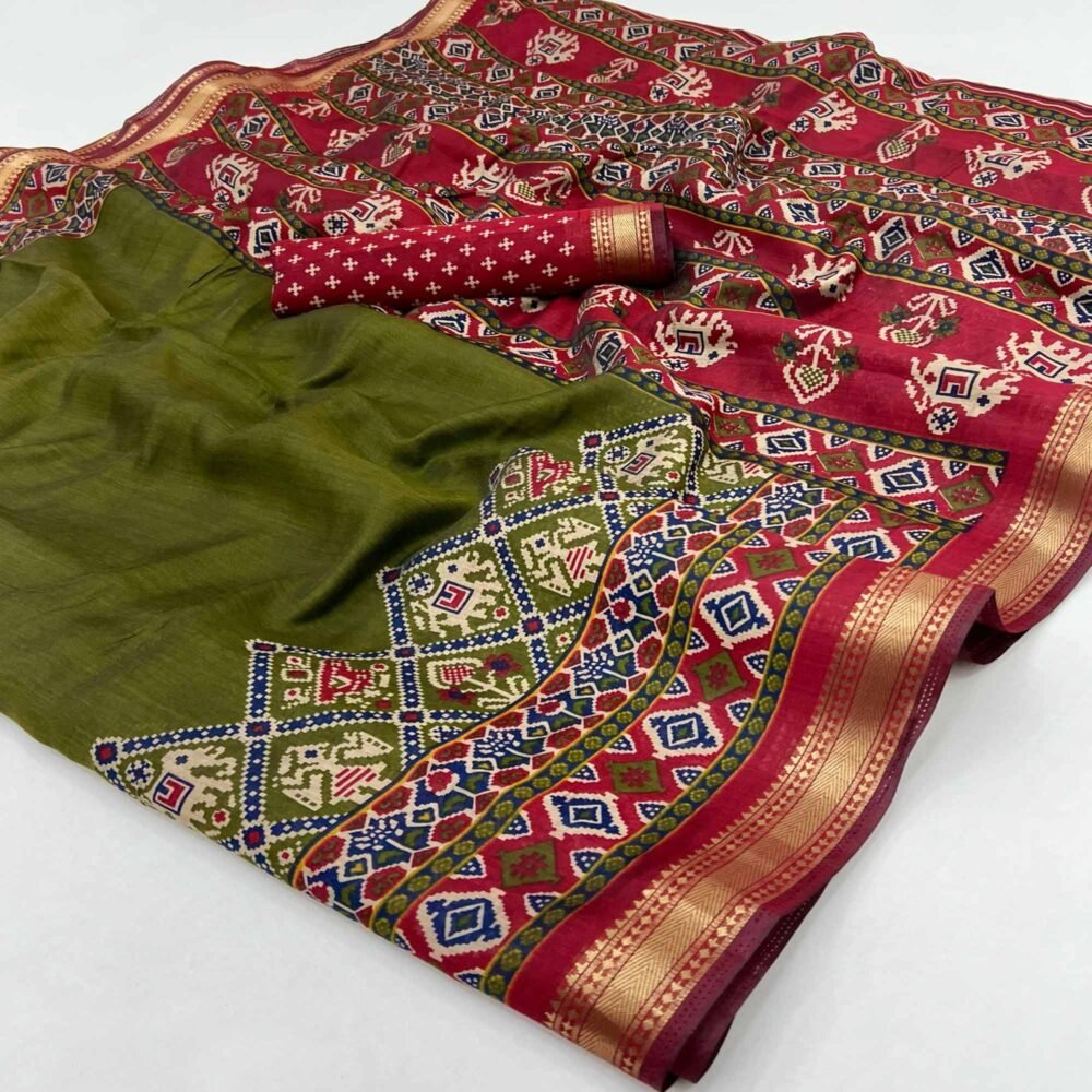 Green Patola Print Saree in Featherlight Mulmul Cotton with Zari Border - Image 3