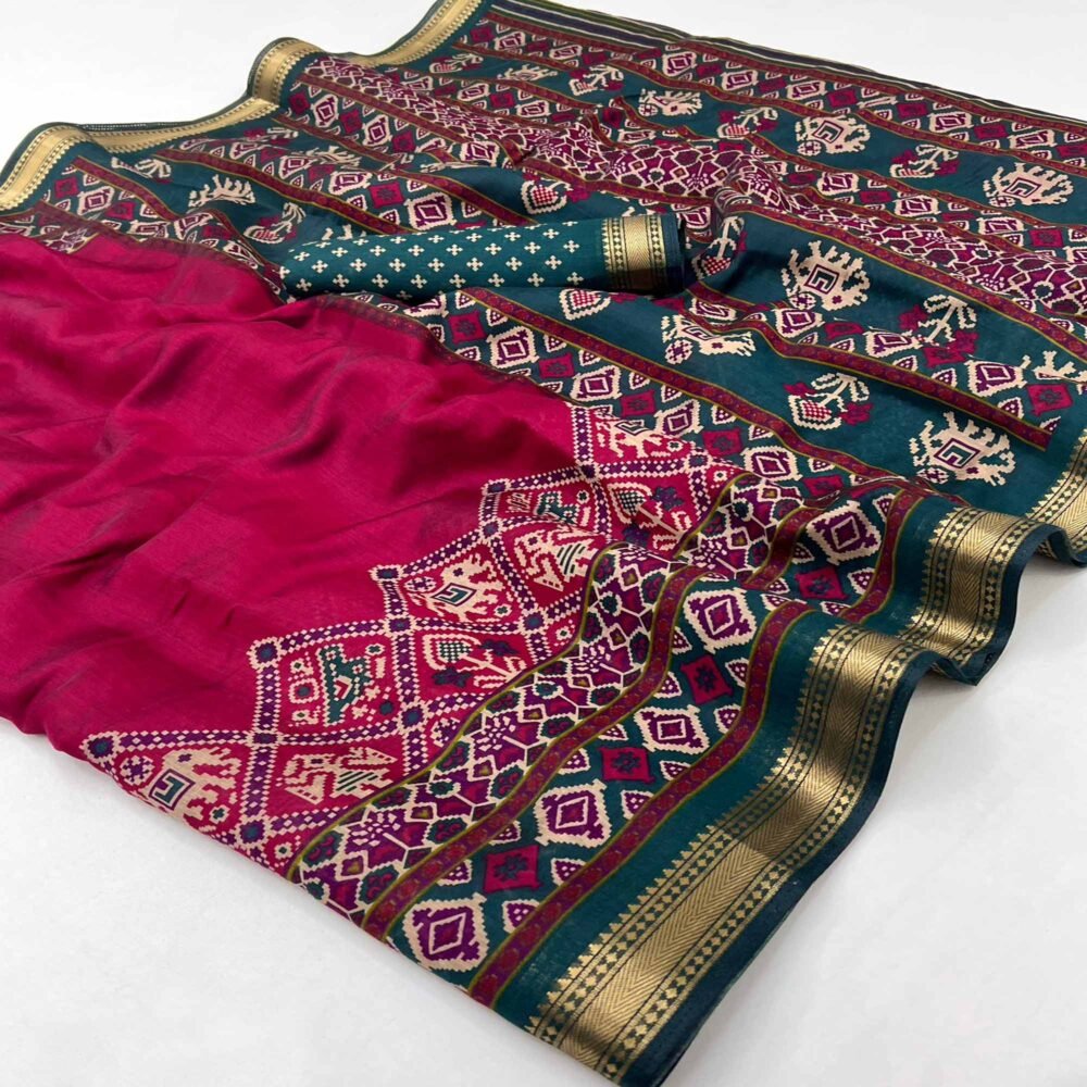 Pink Patola Print Saree in Featherlight Mulmul Cotton with Zari Border - Image 3