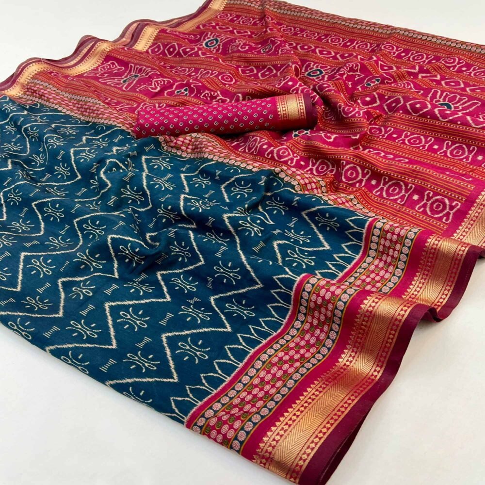 Comfortable Teal Mulmul Cotton Saree with Modern Zig Zag Design - Image 3