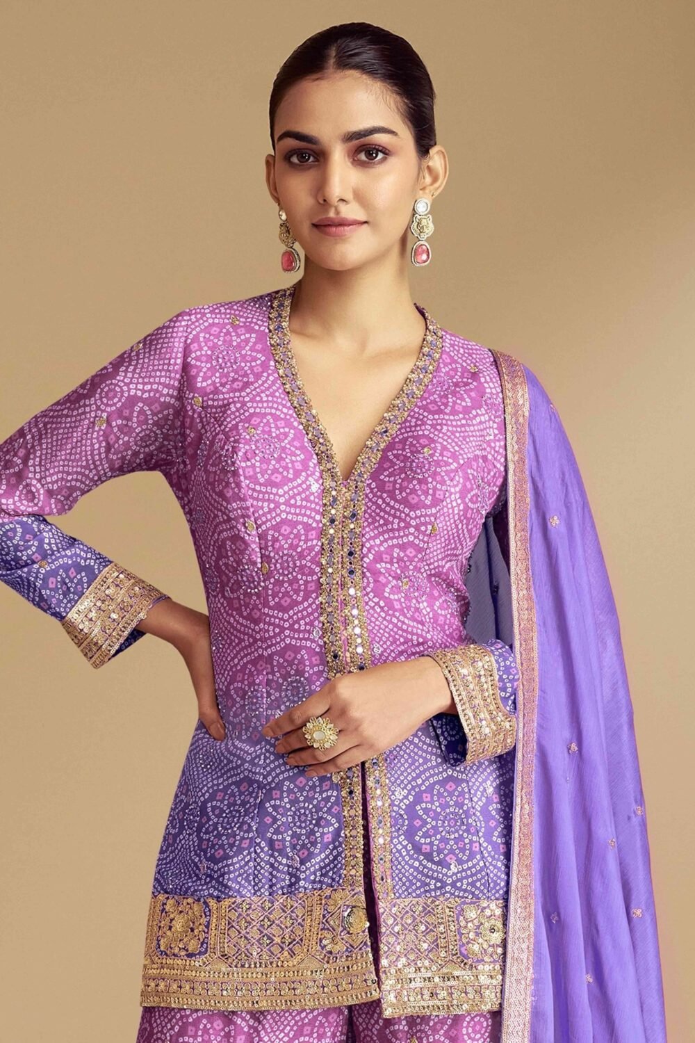 Purple & Lavender Bandhani Print With Sequins Embroidered Chinon Palazzo Suit - Image 3