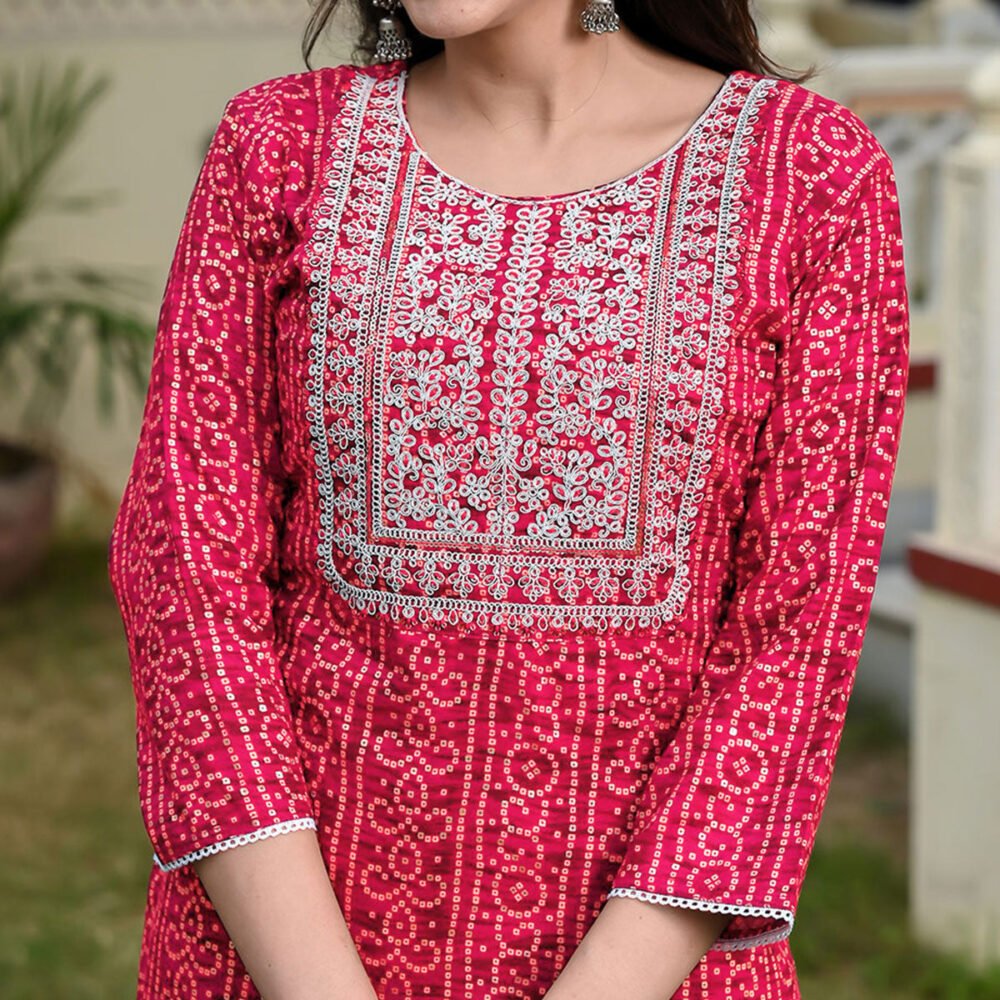 Red Foil Bandhani Printed With Embroidered Rayon Kurti - Image 3