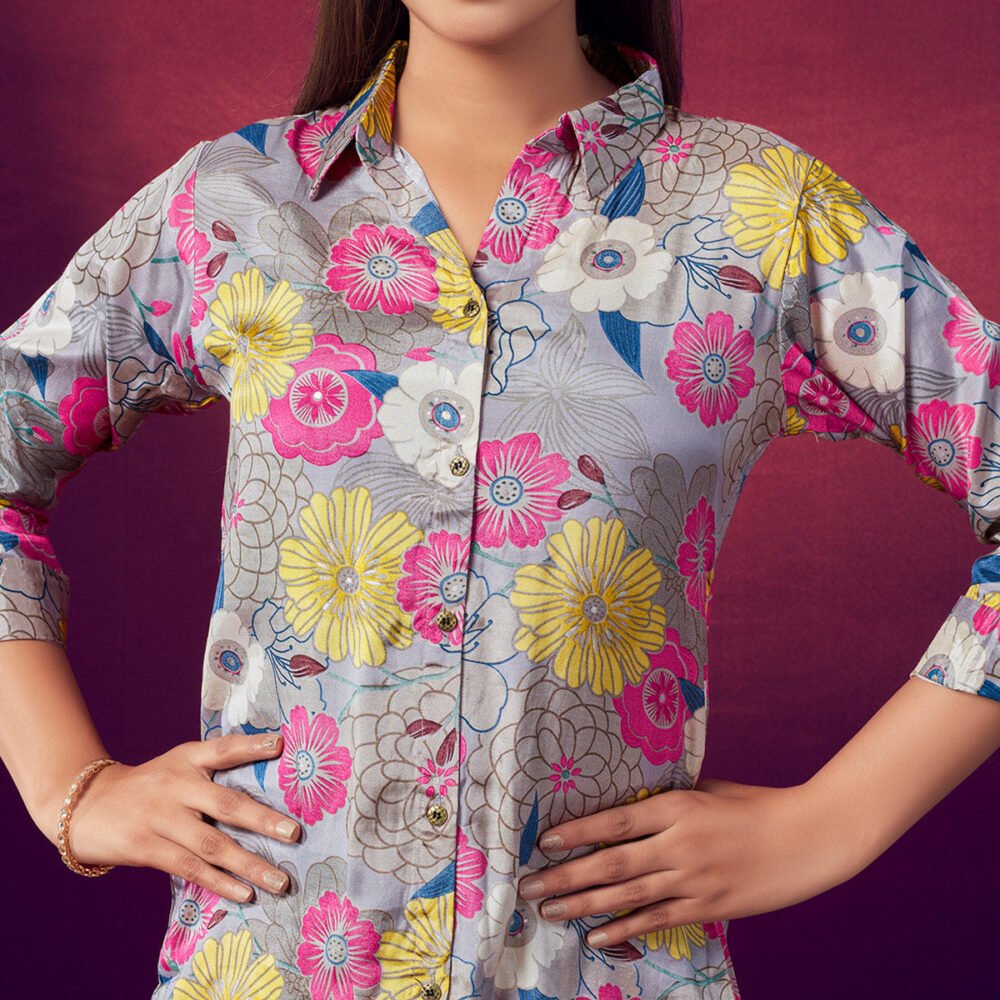 Grey Foil Printed Straight Muslin Top - Image 3