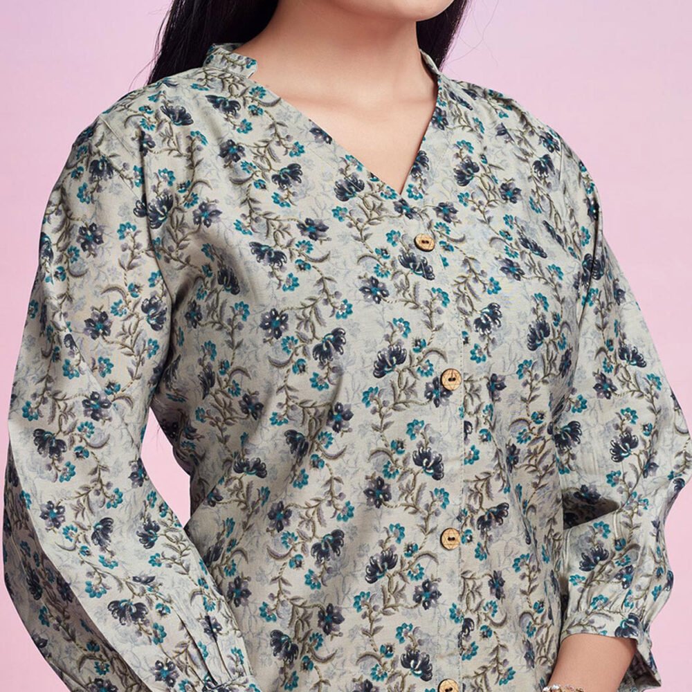 Off White & Blue Floral Foil Printed Chanderi Silk Top - Image 4